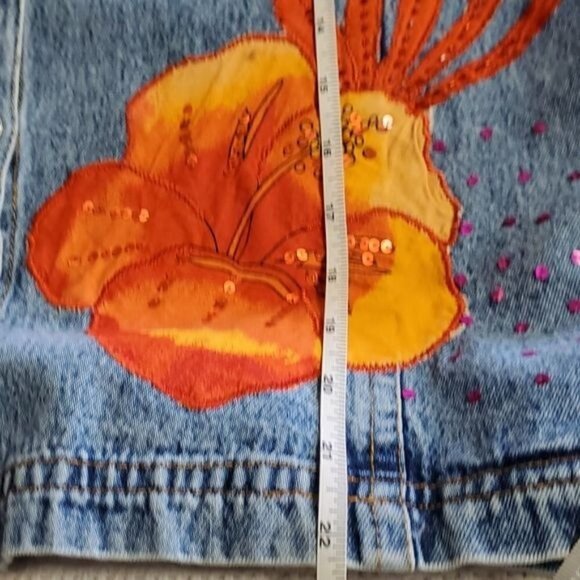 West End Hand Embroidered & Embellished Bright Floral Blue Jean Sz MP Jacket - Picture 8 of 12